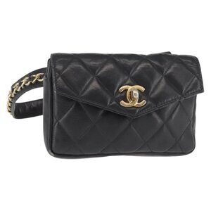 CHANEL Matelasse Waist Bag Lamb Skin Black Gold CC Auth BA6907